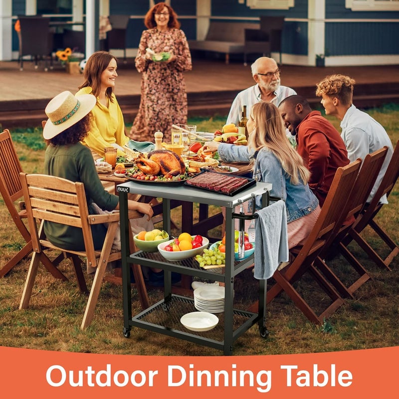 NUUK Grill Cart 16" x 24" Dining Prep Table 3-Shelf Kitchen Worktable Rolling Outdoor Pizza Oven Carts with Stainless Steel Top for Outside BBQ Tables - Image 2